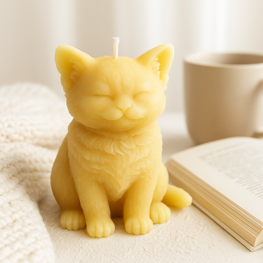 Cat-shaped candle on a soft surface with a book and cup in the background