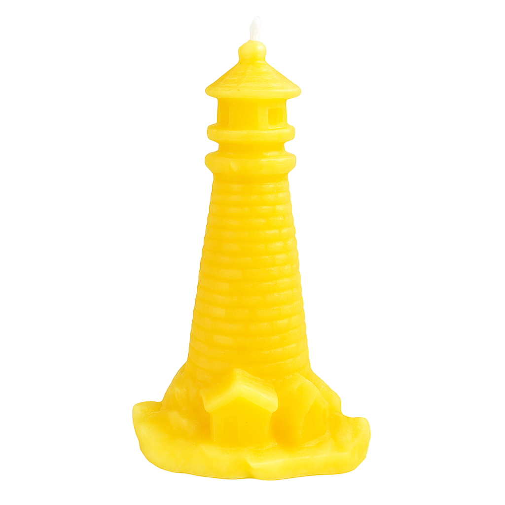 Yellow lighthouse-shaped candle on a white background