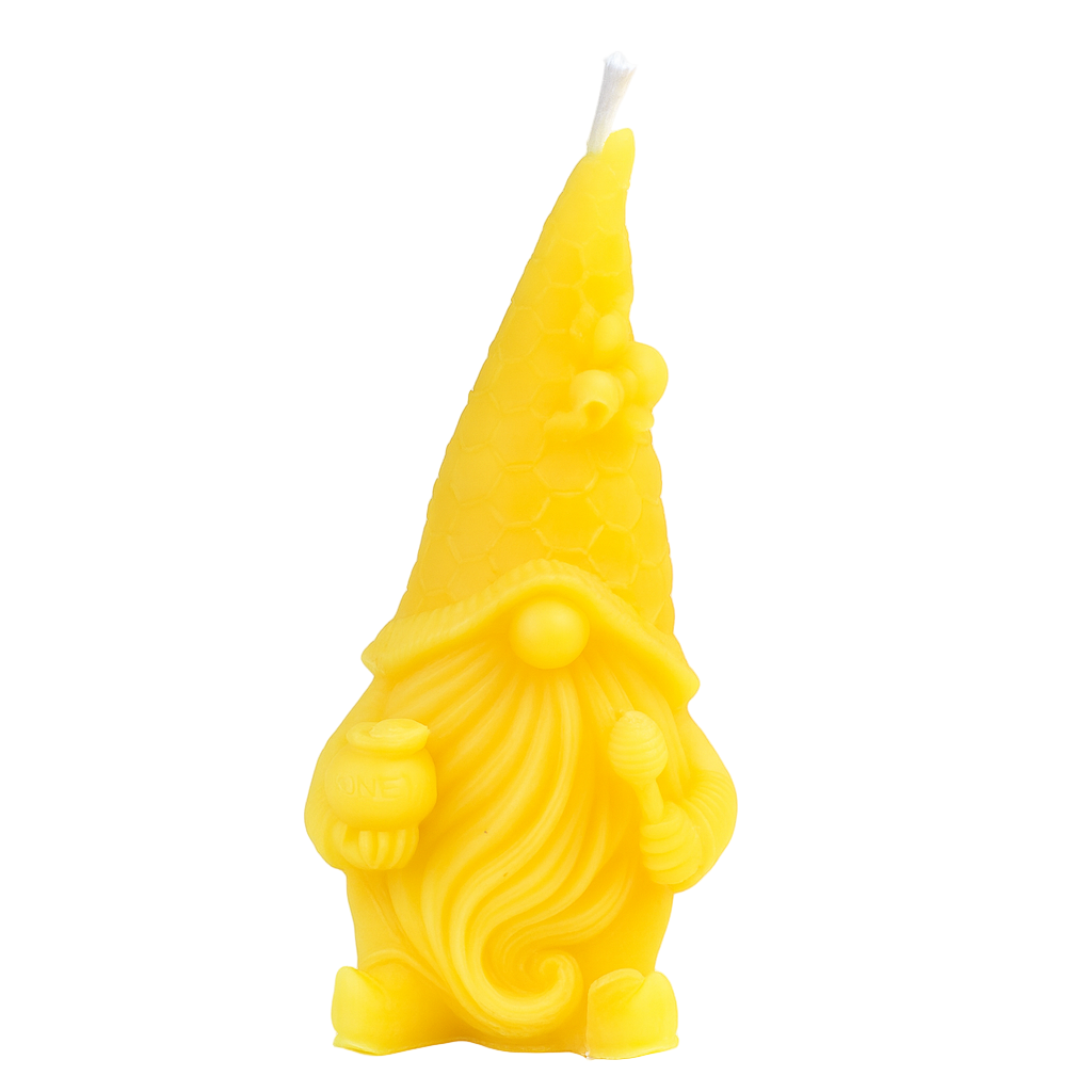 Yellow gnome-shaped candle on a white background