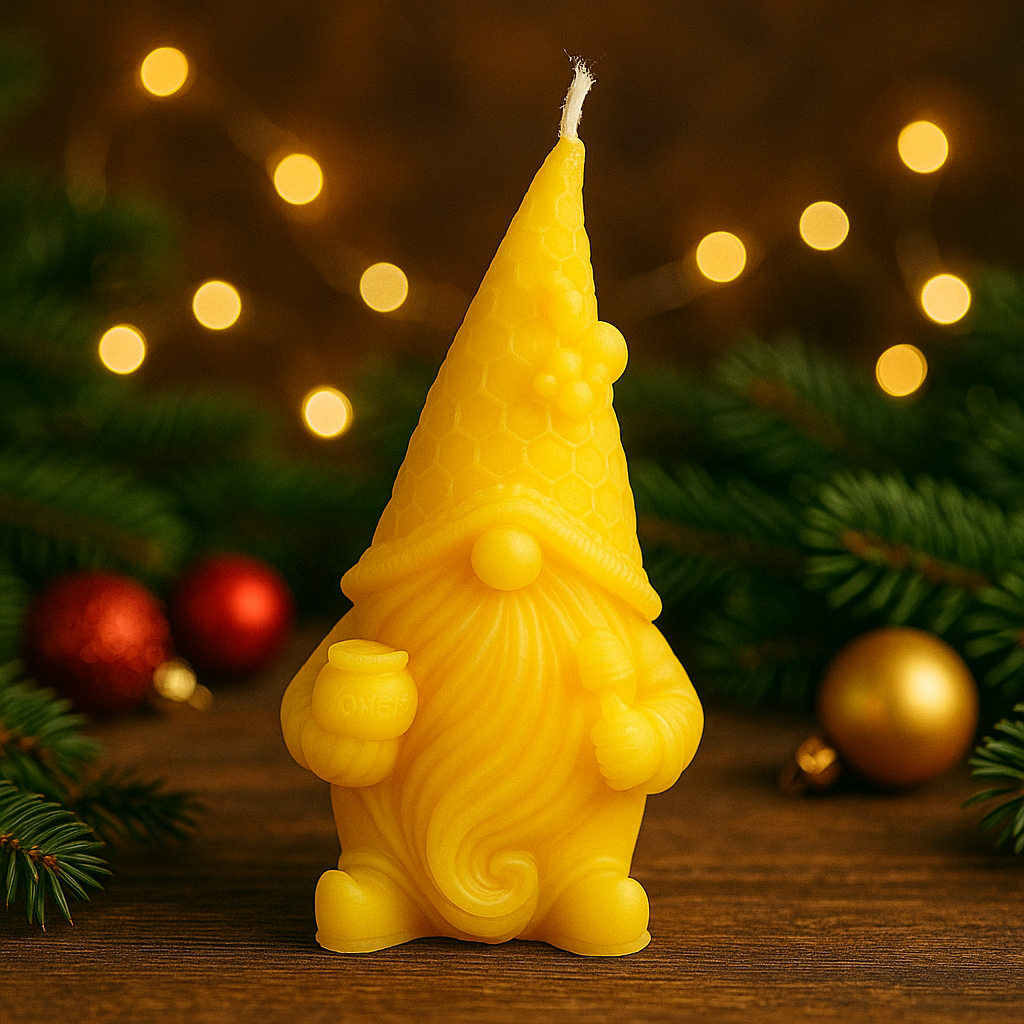 Yellow gnome-shaped candle with Christmas decorations on a wooden surface