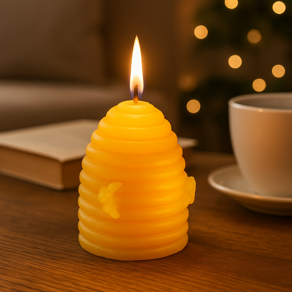 Beeswax candle shaped like a beehive with a flame, placed on a wooden surface with a blurred background.