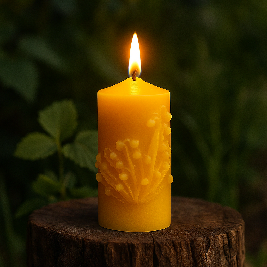 Yellow candle with floral design on a wooden stump against a dark background