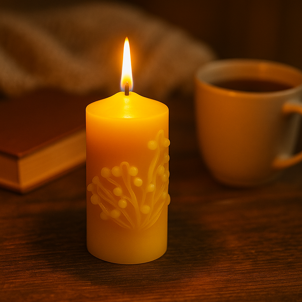 Candle with floral design on a wooden surface next to a mug and book.