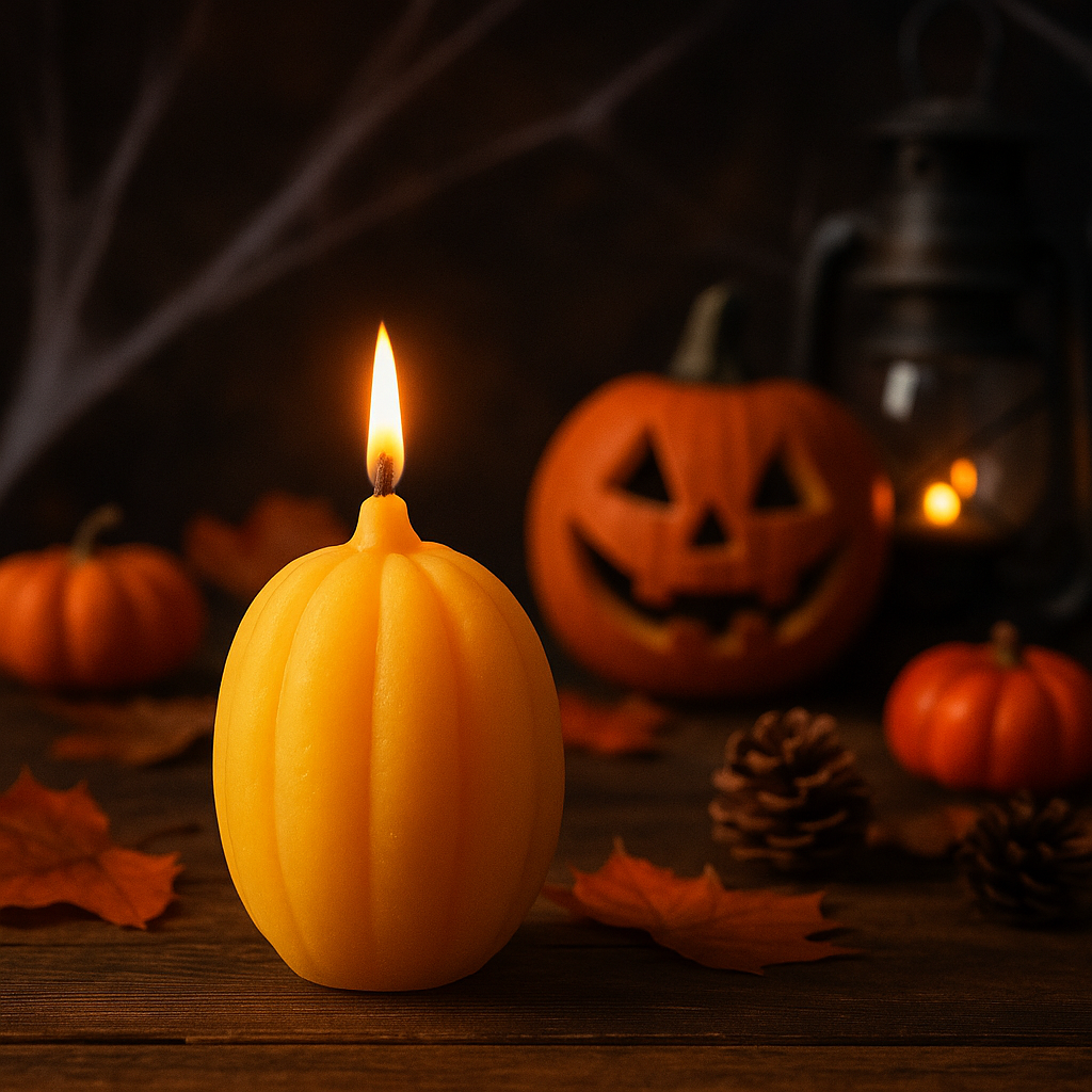 Pumpkin beeswax candle glowing with jack-o’-lantern, cobwebs, and lantern – handmade eco-friendly candle for Halloween décor.
