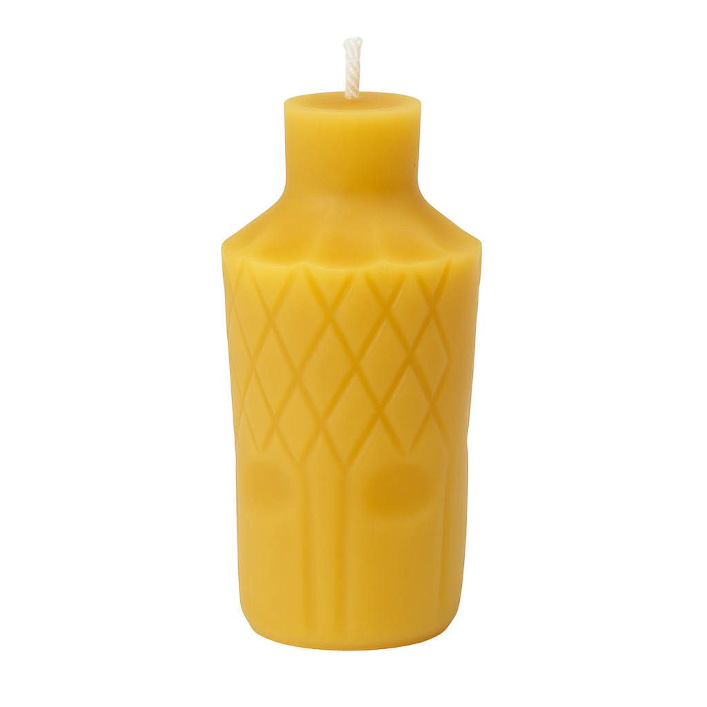 Handmade diamond patterned round neck beeswax candle on white background – pure beeswax, eco-friendly, honey-scented.
