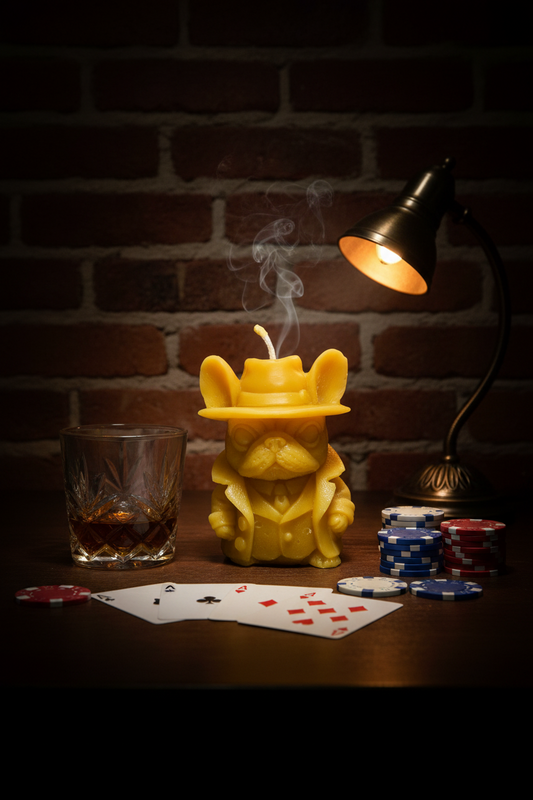 Dapper dog candle with a lit wick on a table with playing cards and poker chips, against a brick wall.