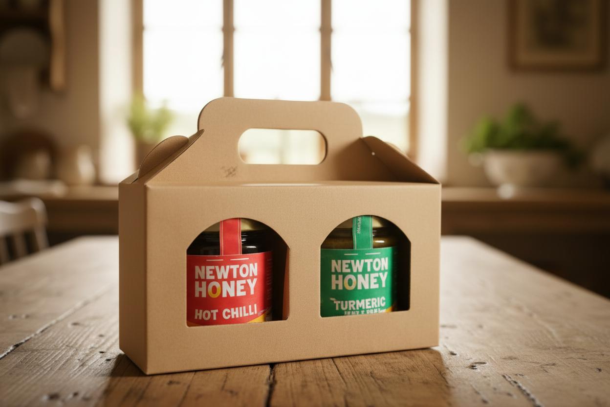 Two jars of Newton Honey, one hot chili and one turmeric, in a cardboard carrier on a dark surface with a blurred indoor background.