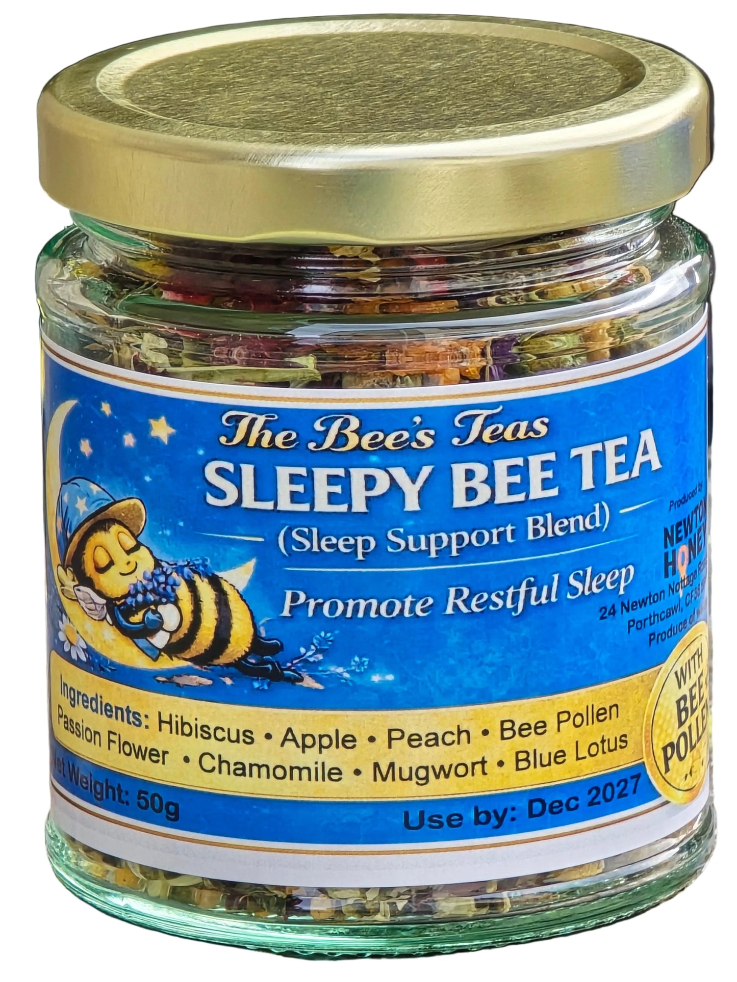 Sleepy Bee Tea herbal blend label with hibiscus, apple, peach and bee pollen