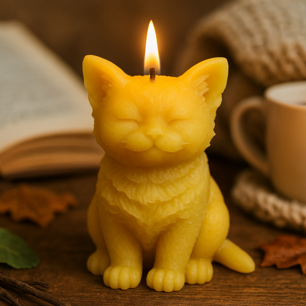 Cat-shaped candle with a flame on a wooden surface with a book and mug in the background