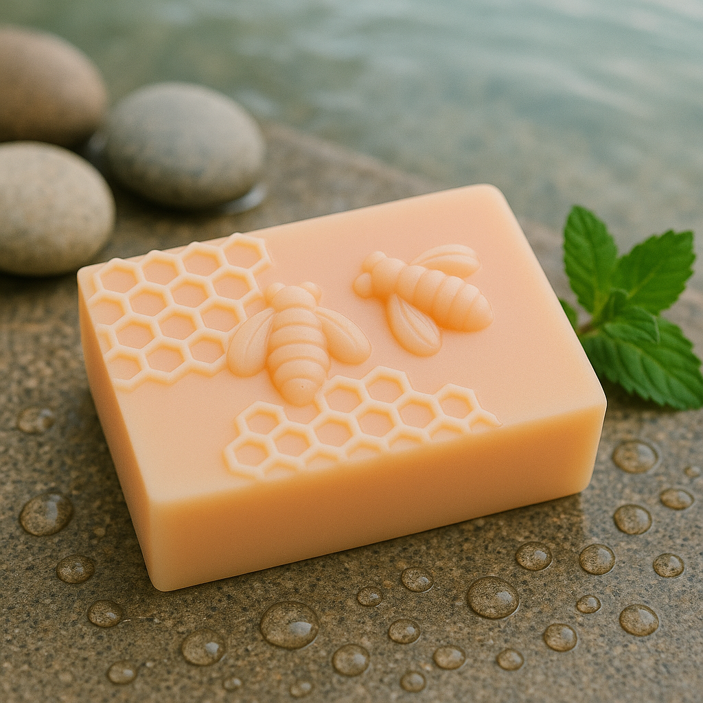 Relax & Refresh beeswax and honey soap bar with embossed bees and honeycomb design, placed on wet stone surface with water droplets, smooth pebbles, and fresh mint leaf for a natural spa-inspired look.