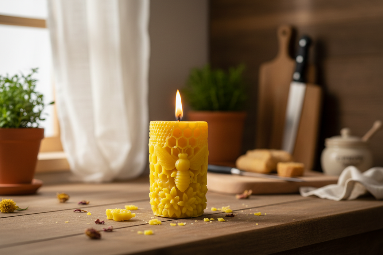 Yellow textured candle with a flame on a wooden surface, with kitchen items in the background.