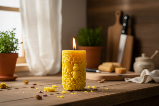 Yellow textured candle with a flame on a wooden surface, with kitchen items in the background.