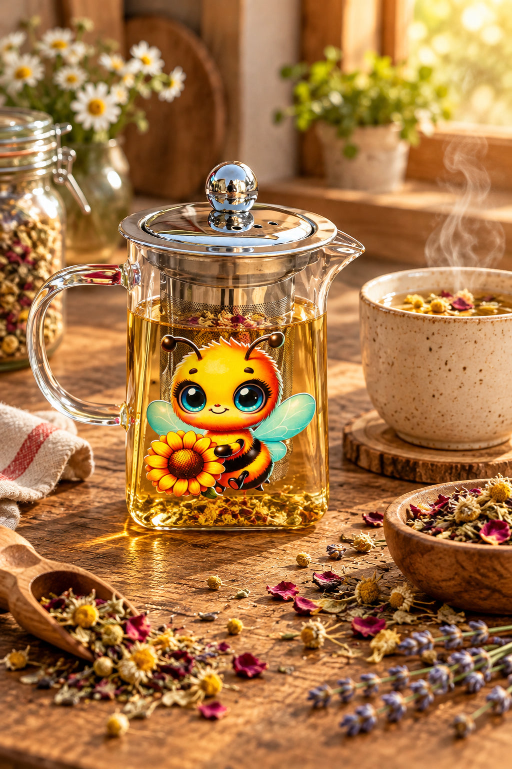 Glass herbal tea infuser with a colourful bee and sunflower design, metal mesh basket and matching metal lid.