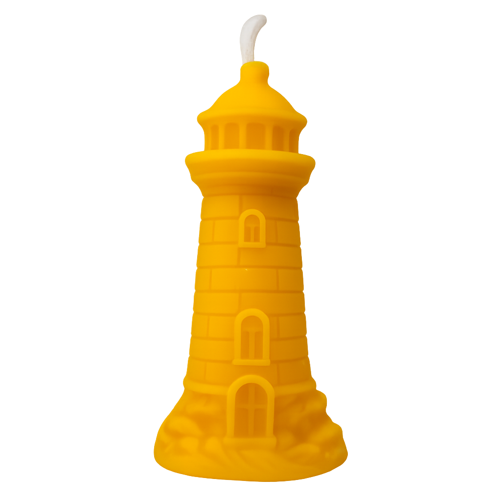 Beeswax lighthouse candle handcrafted by Newton Honey, 14cm tall, natural golden color with honey scent.