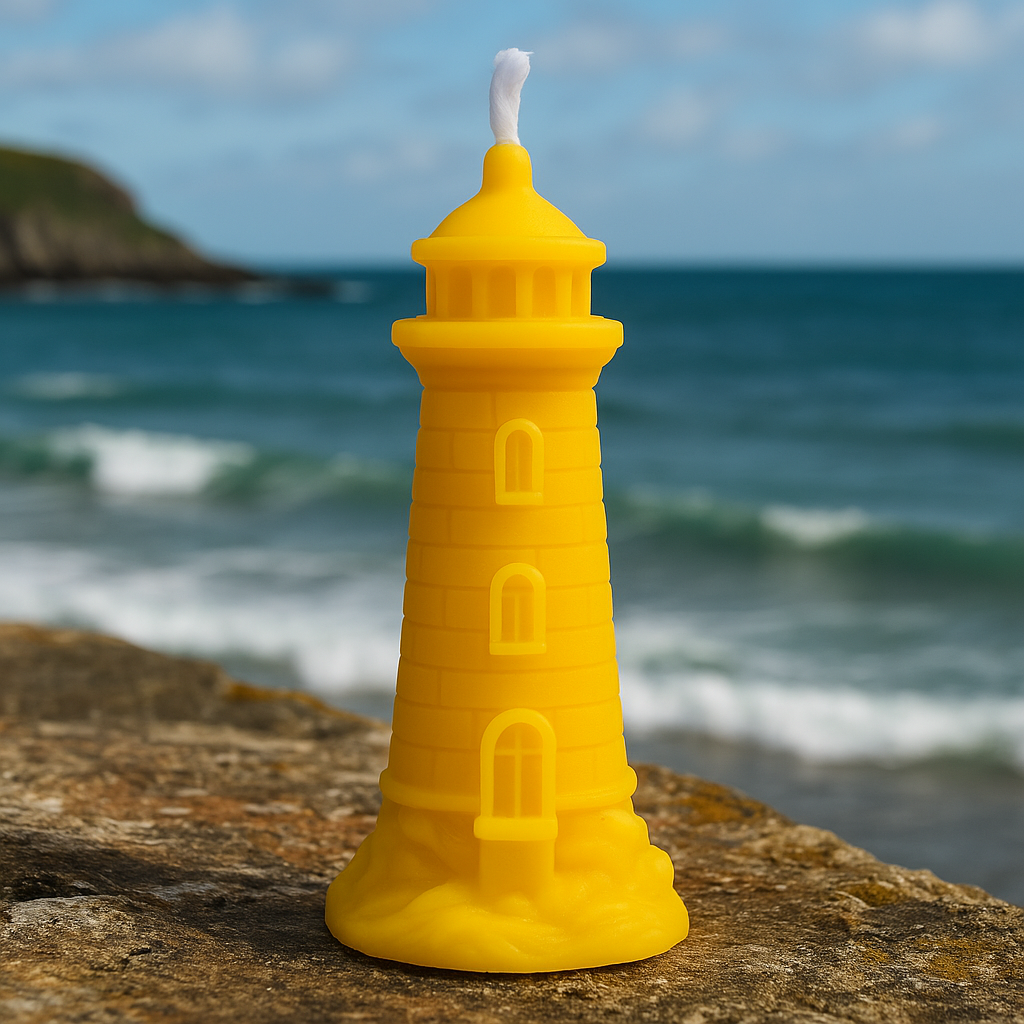 A handcrafted yellow beeswax lighthouse candle from Newton Honey displayed in a scenic coastal setting with driftwood, seashells, and soft ocean waves in the background.