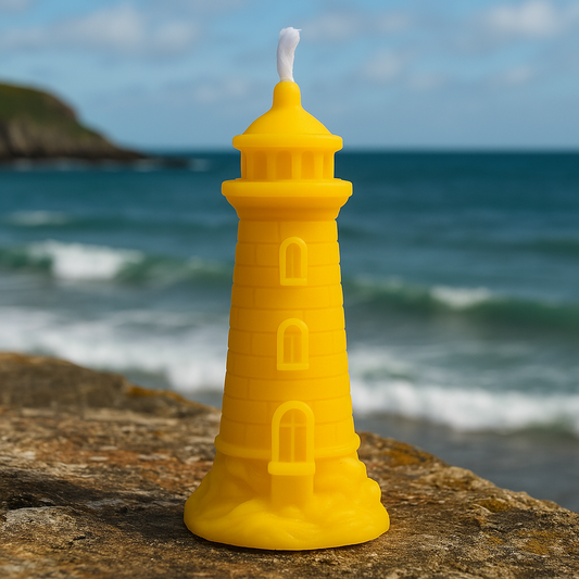 A handcrafted yellow beeswax lighthouse candle from Newton Honey displayed in a scenic coastal setting with driftwood, seashells, and soft ocean waves in the background.