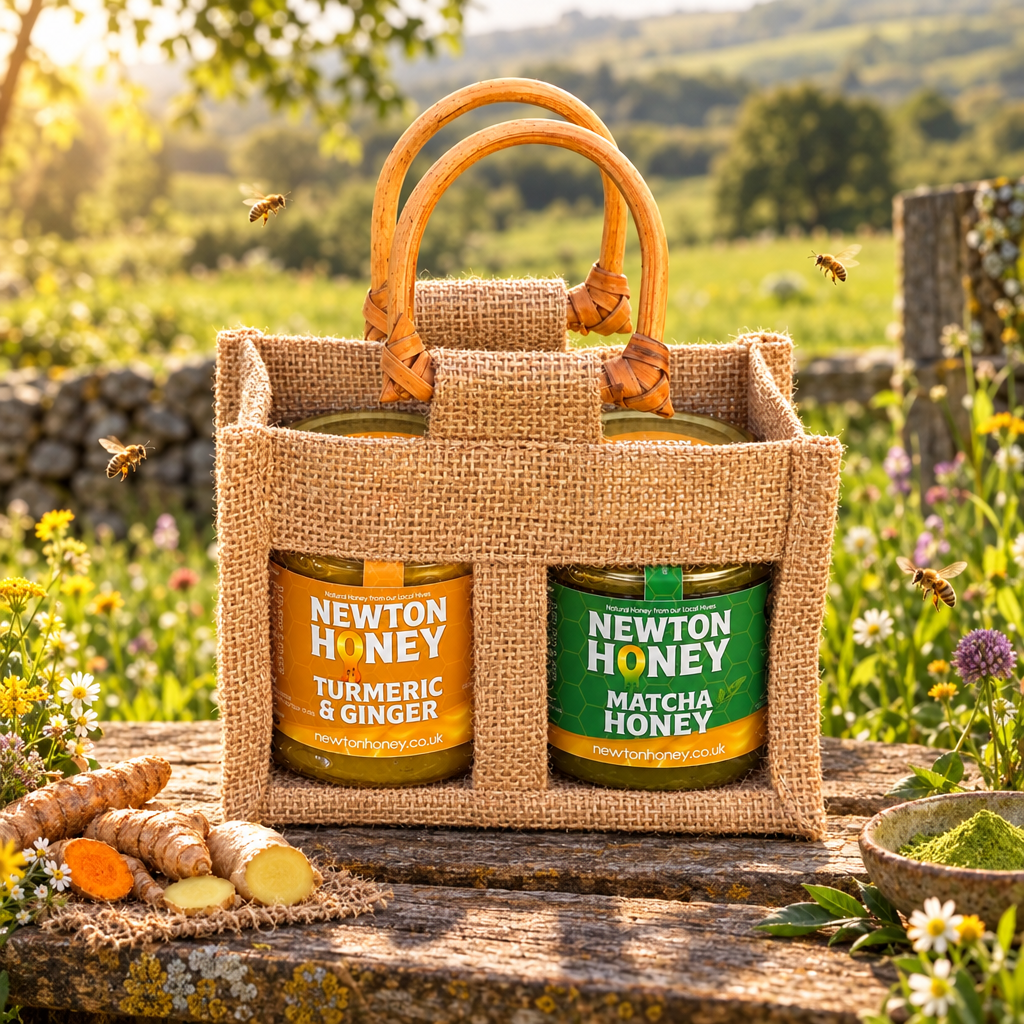 Newton Honey Turmeric & Ginger and Matcha honey duo in a jute gift bag with bamboo handles.