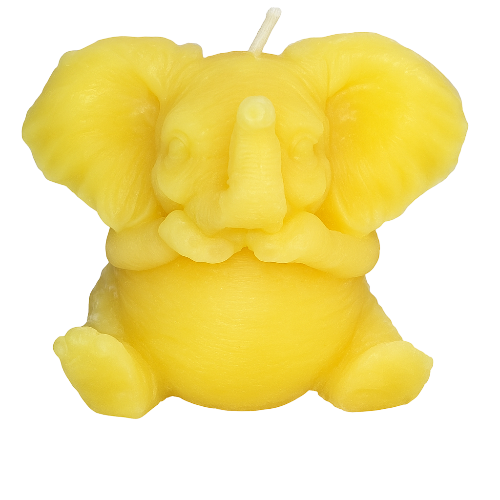 Handcrafted yellow elephant-shaped beeswax candle made by Newton Honey, displayed on a neutral background
