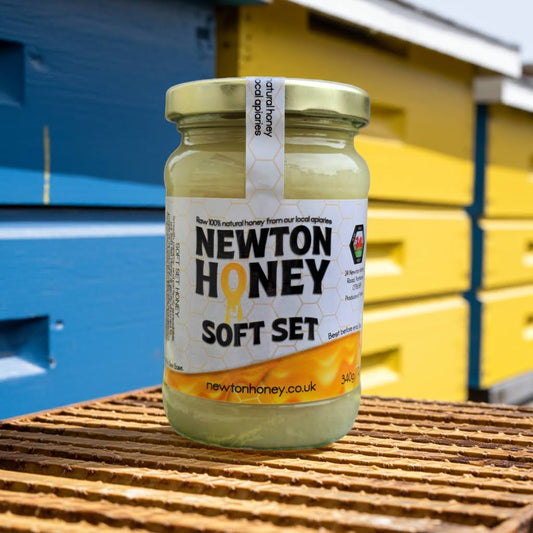 Soft Set Honey in front of a Hive, Newton Honey