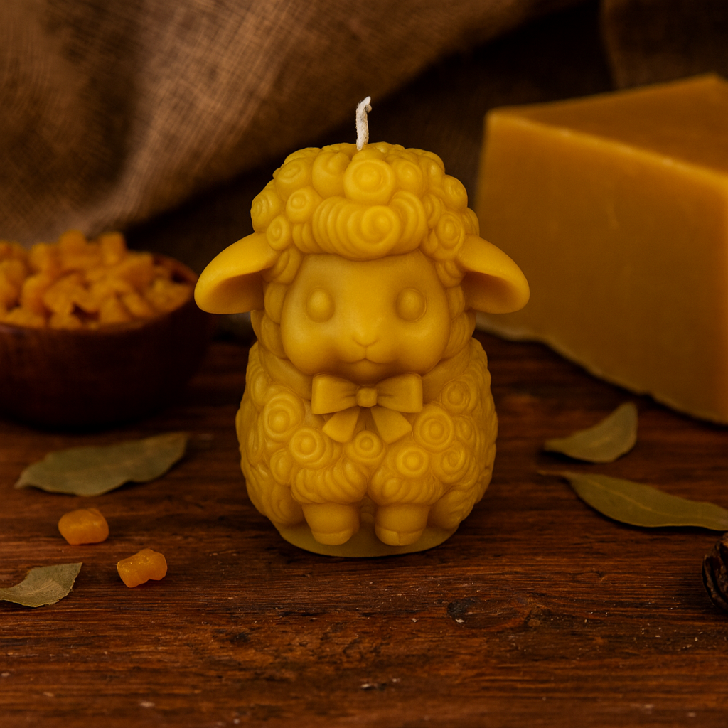 Handcrafted sheep-shaped beeswax candle with detailed curls made from pure beeswax.