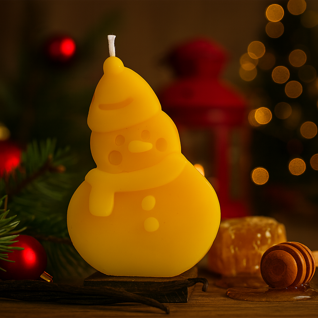 Handmade snowman beeswax candle from Newton Honey, festive Christmas decor, natural golden beeswax