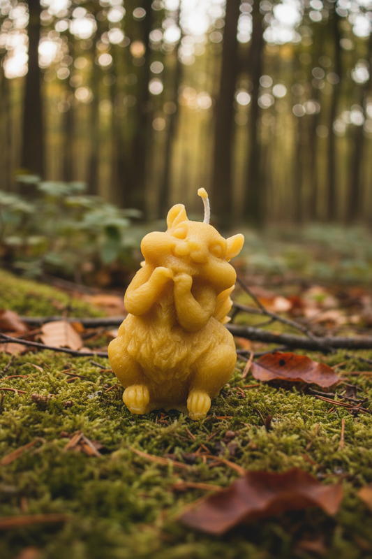 Squirrel beeswax candle in woodland