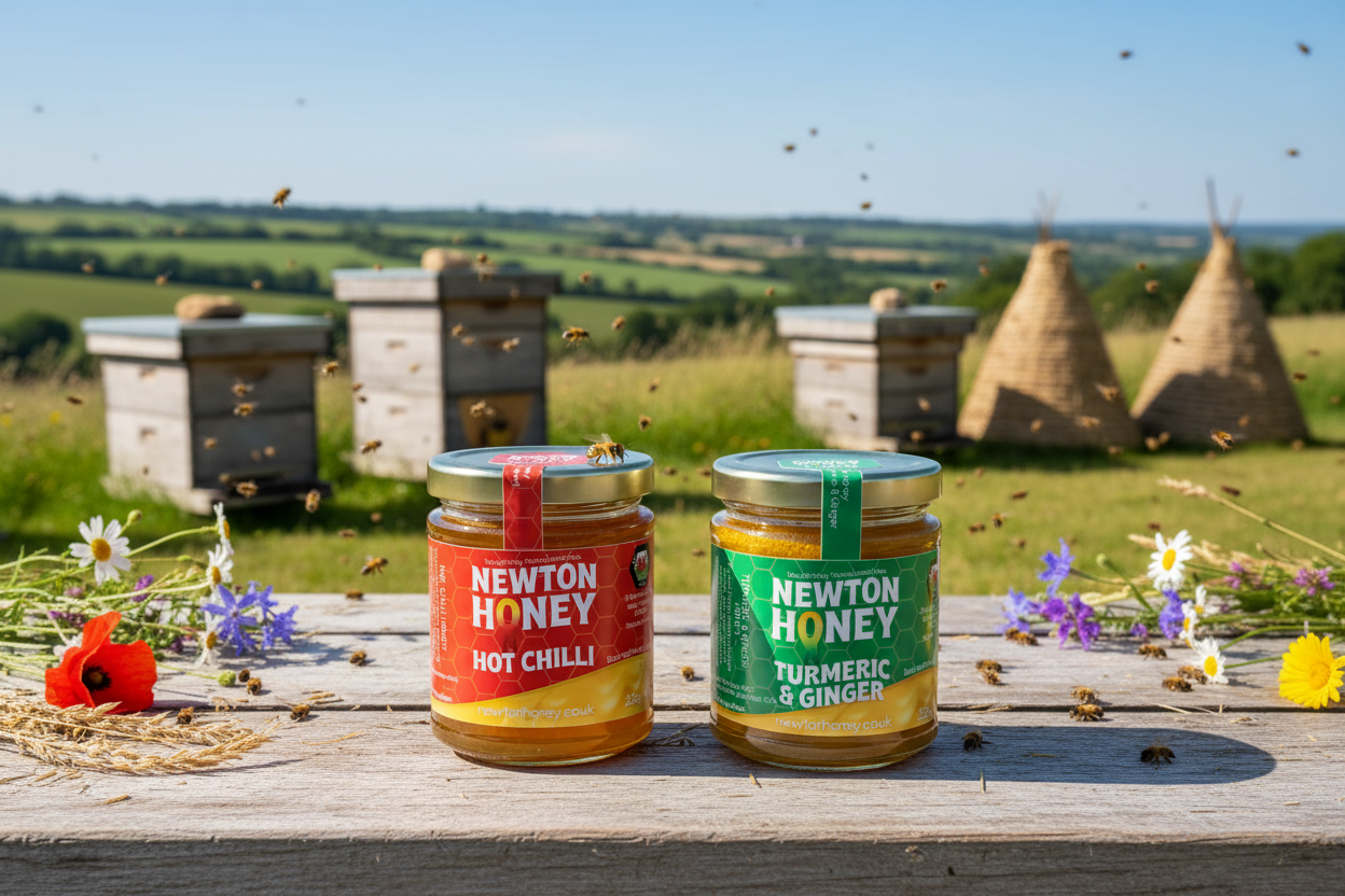 Jars of infused honey, including chilli and turmeric ginger flavours, displayed together.