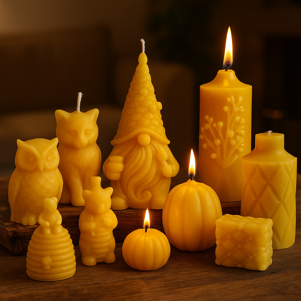 Collection of handmade beeswax candles including owl, cat, bear, gonk, lighthouse, pumpkin, skep, geometric, botanical, diamond and quilt box designs, displayed on a rustic wooden table with warm candlelight.