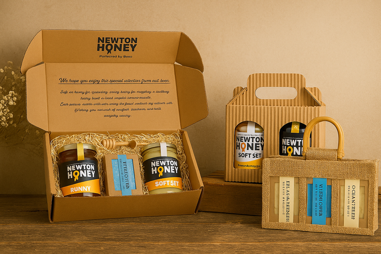 A rustic display of Newton Honey gift sets featuring raw honey jars, beeswax soap collection, and a luxury gift box presented in natural packaging with a warm, handcrafted aesthetic.