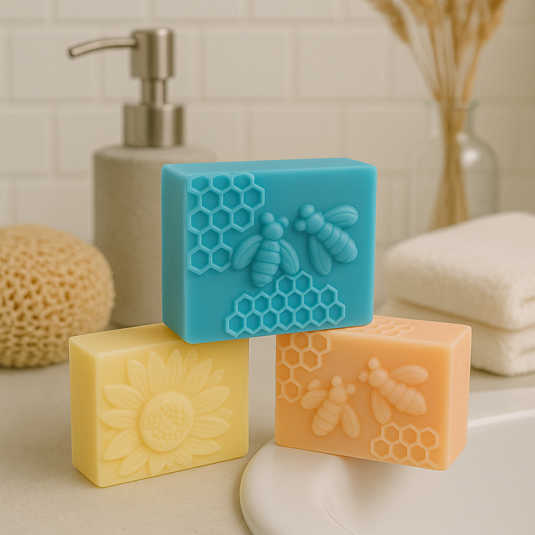 Collection of Newton Honey handmade beeswax and honey soaps – Ocean Fresh, Wildflower, and Relax & Refresh – displayed together in a bathroom setting with natural décor.