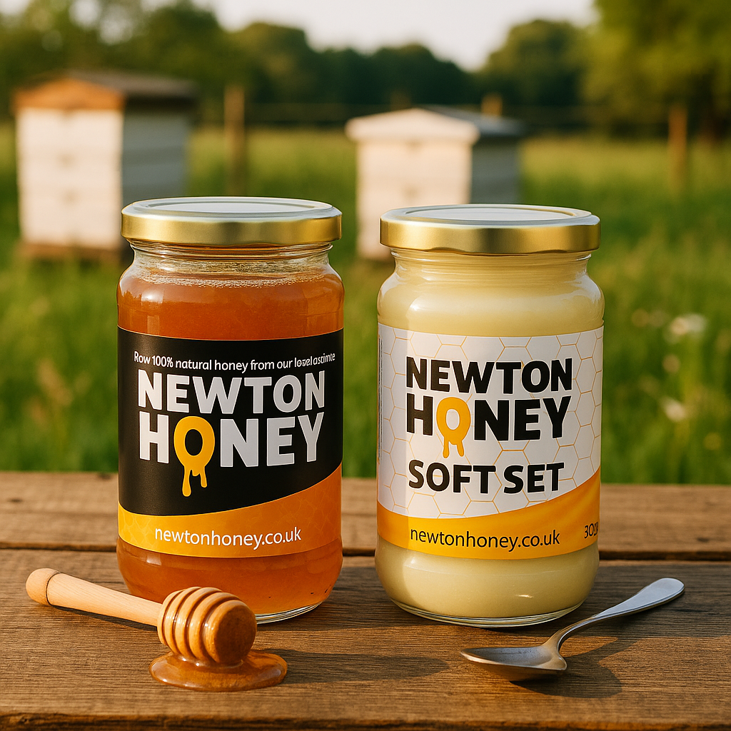 Two jars of Newton Honey, raw and soft set, placed on a rustic wooden table with a countryside apiary background, warm golden sunlight, and natural farm setting.