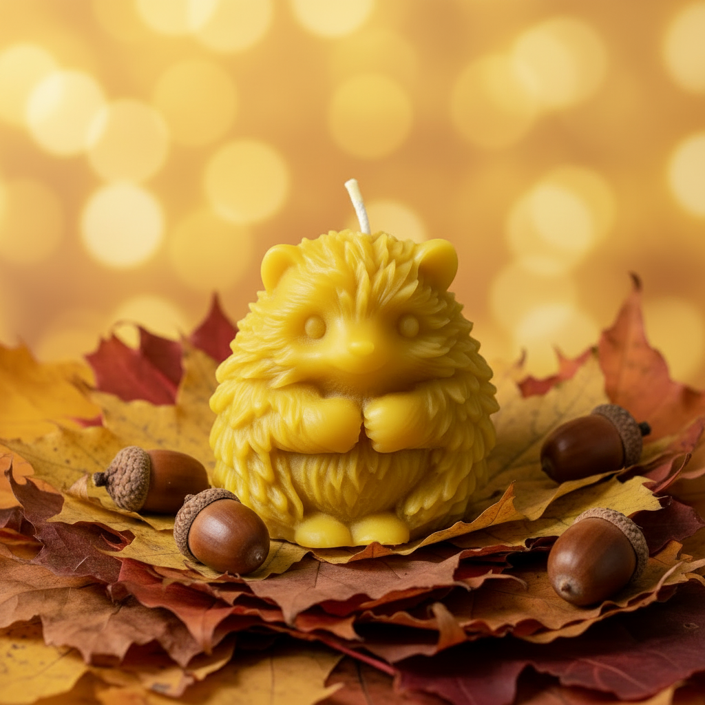 Handmade hedgehog-shaped beeswax candle by Newton Honey