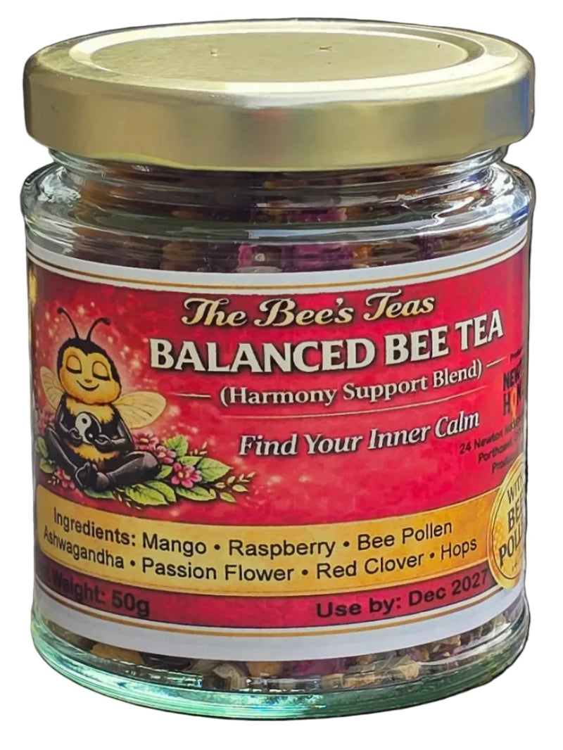 Jar of 'The Bee's Teas' Balanced Bee Tea with a red label on a black background