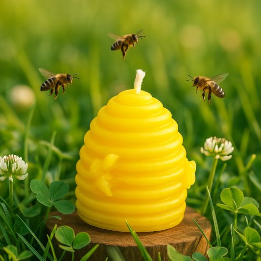 Yellow beehive-shaped candle on a wooden stump with bees in a grassy field