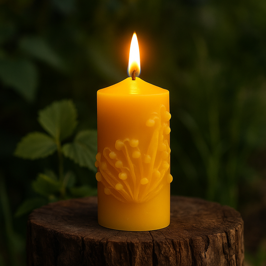 Yellow candle with floral design on a wooden stump against a dark background