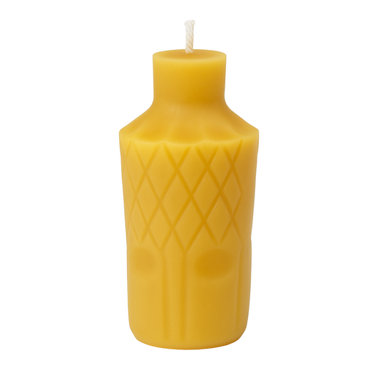 Handmade diamond patterned round neck beeswax candle on white background – pure beeswax, eco-friendly, honey-scented.