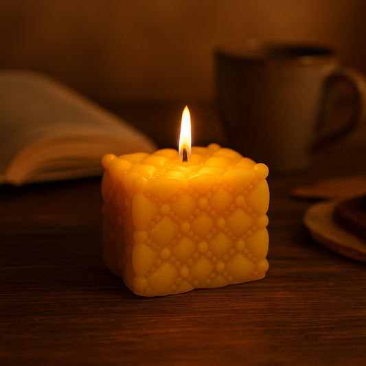 Lit quilt box beeswax candle with diamond quilt pattern on rustic wooden table – handmade, eco-friendly, honey-scented.