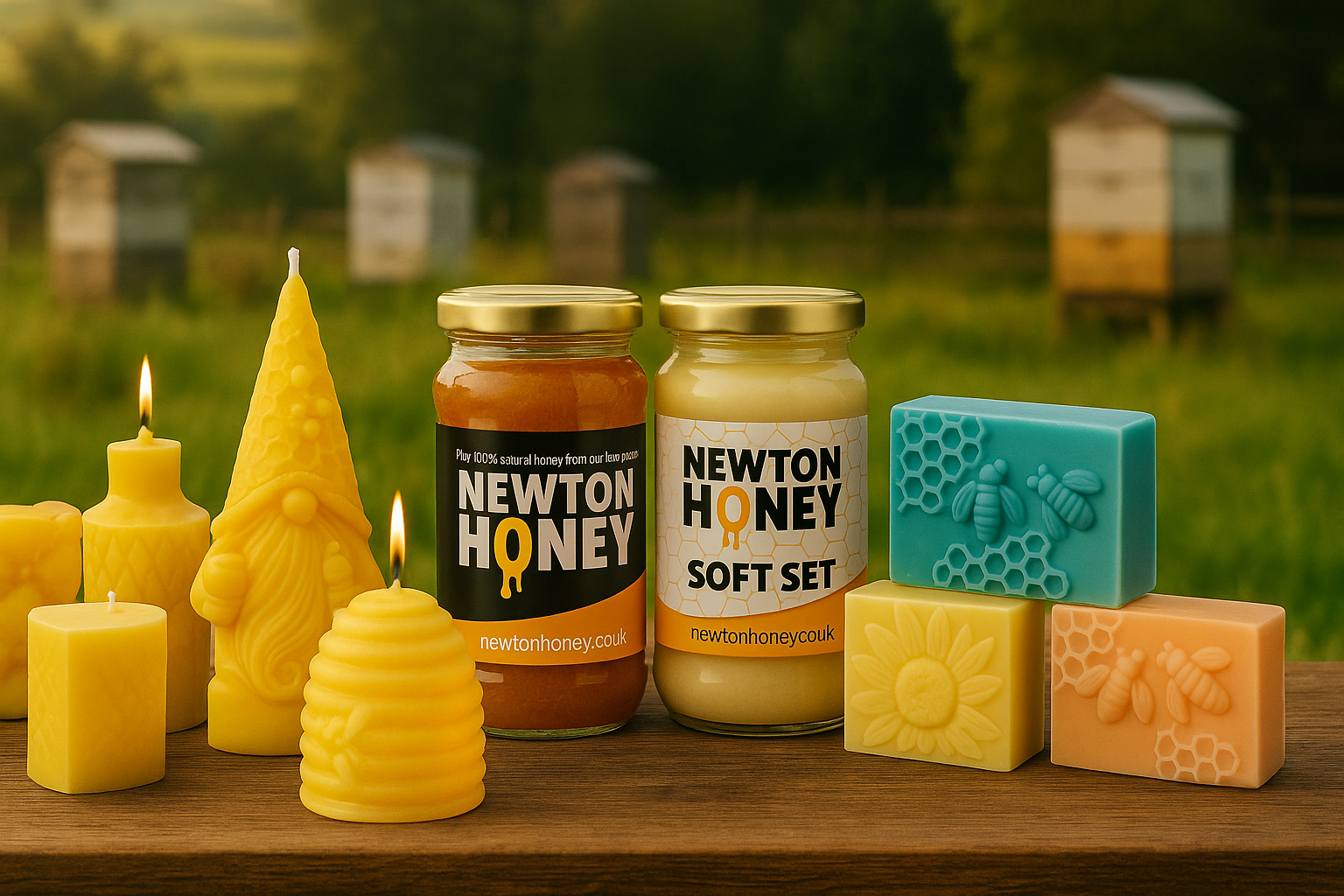 Newton Honey collection featuring beeswax candles with visible wicks, runny and soft set honey jars, and handmade honey soaps arranged on a rustic wooden table with a warm farmhouse background