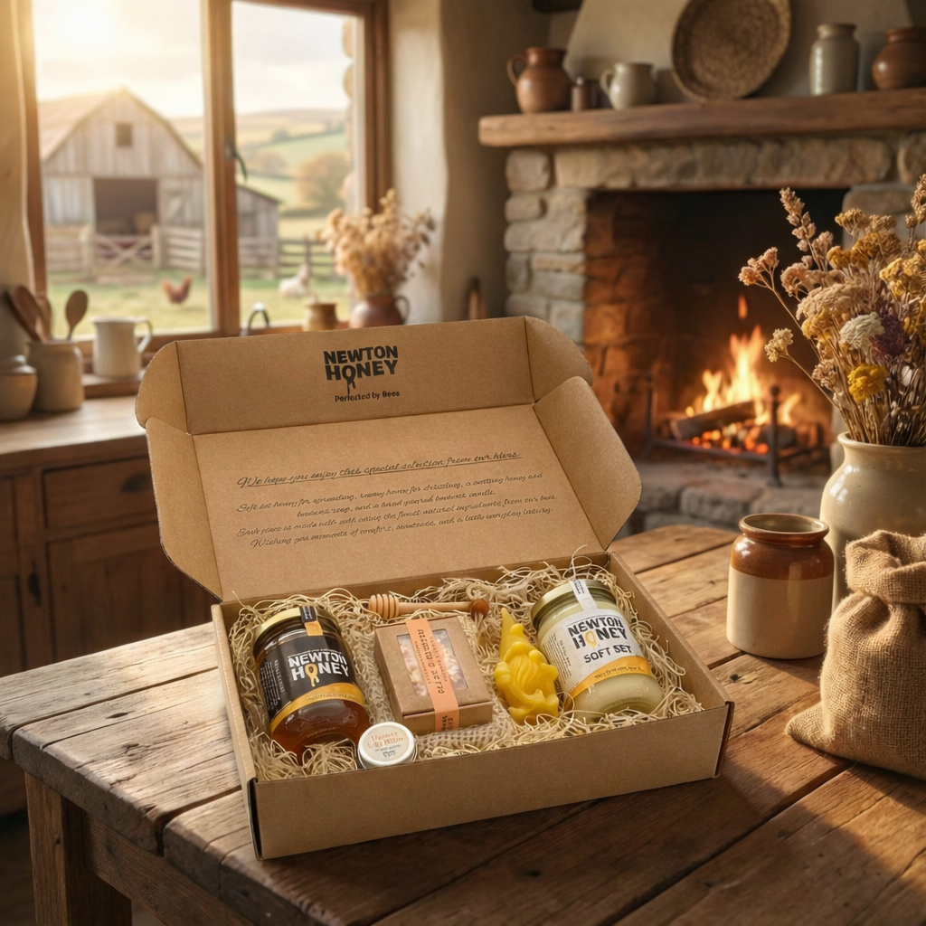 Gift box with Newton Honey products on a wooden table in a cozy room with a fireplace.