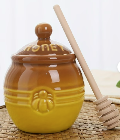 Ceramic Honey Pot with Wooden Dipper – Golden Yellow