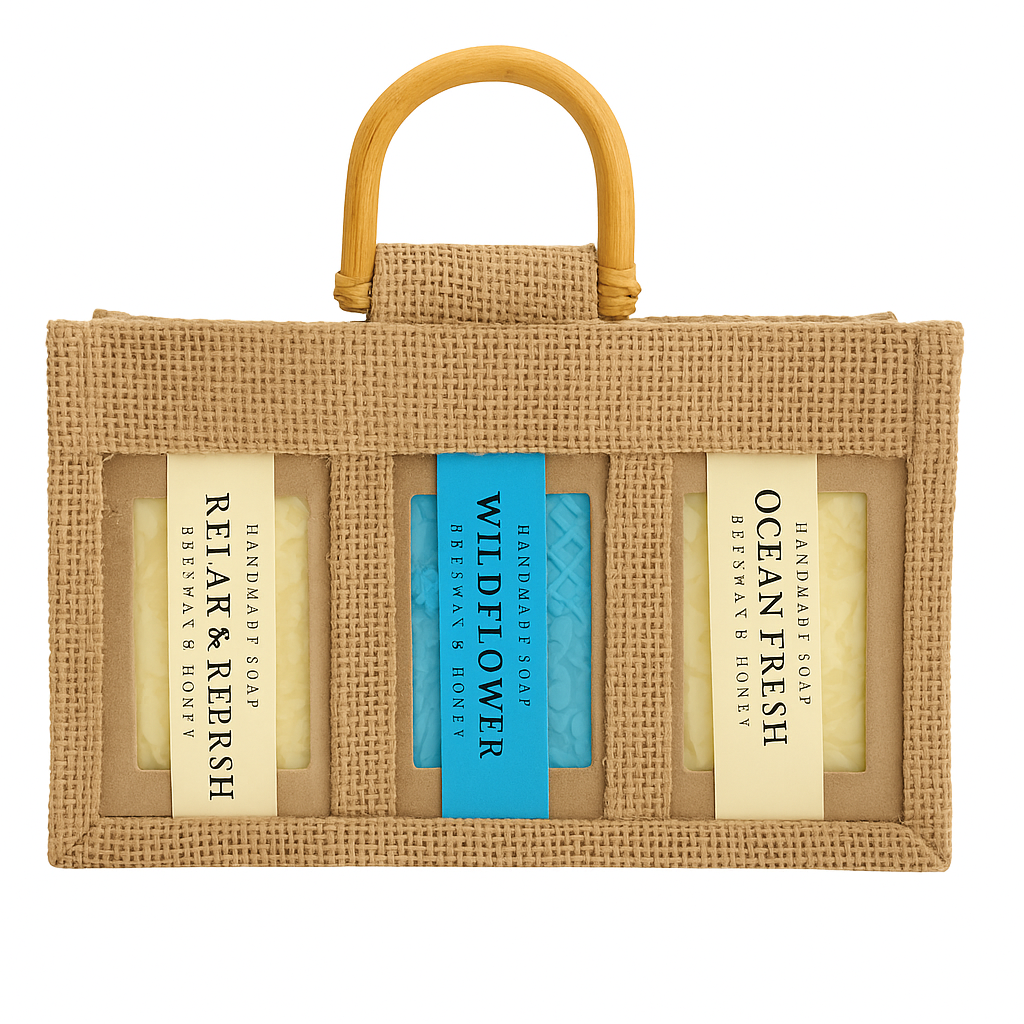 A handcrafted jute gift bag containing three natural beeswax and honey soaps — Relax & Refresh, Wildflower, and Ocean Fresh — ideal for gifting.
