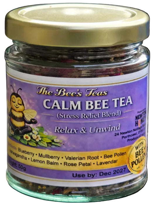 Calm Bee Tea herbal blend label with blueberry, mulberry and bee pollen