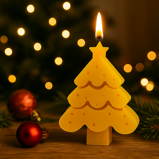 Handcrafted Christmas tree-shaped beeswax candle with a warm golden glow, perfect for festive holiday decor.