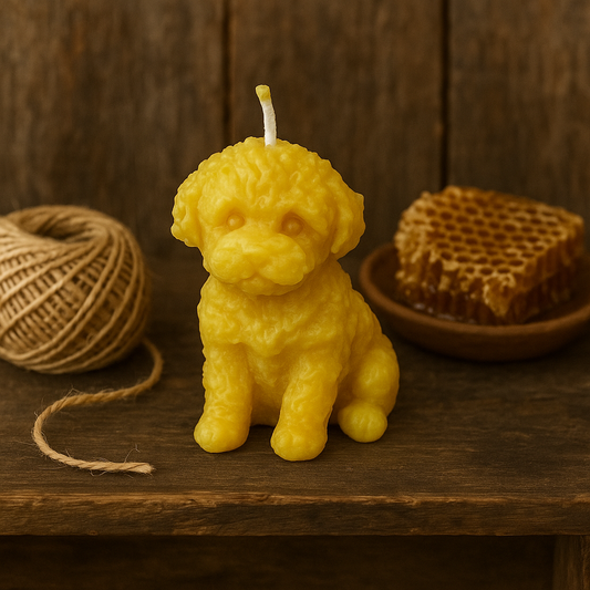 Handcrafted dog-shaped beeswax candle made from 100% pure beeswax.