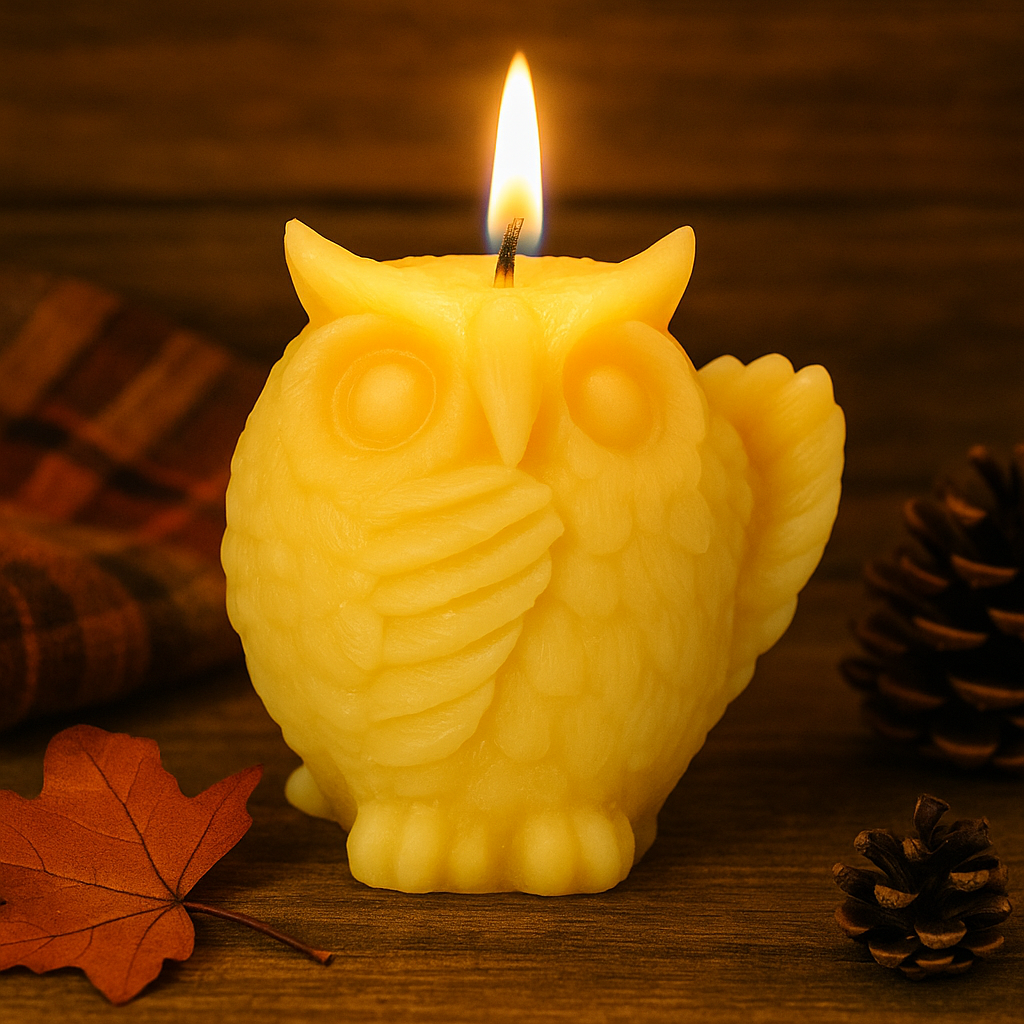 Owl-shaped candle with a lit flame on a wooden surface with leaves and pinecones.