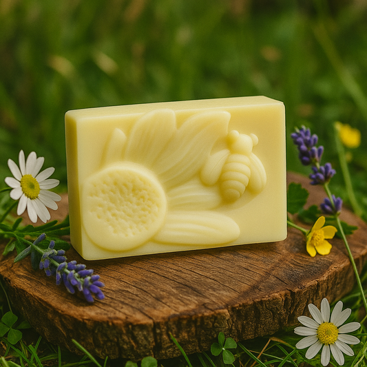 Wildflower beeswax and honey soap bar with embossed flower and bee design, placed on stone surrounded by daisies, lavender, and yellow meadow flowers in grass.