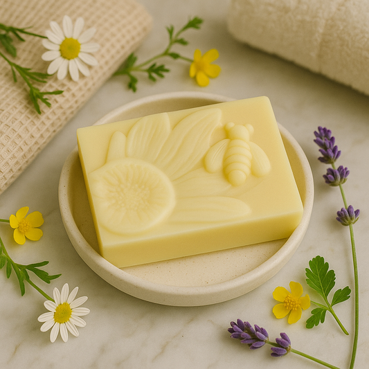 Wildflower beeswax and honey soap bar with embossed flower and bee design, placed in a ceramic dish surrounded by chamomile, lavender, and fresh botanicals.