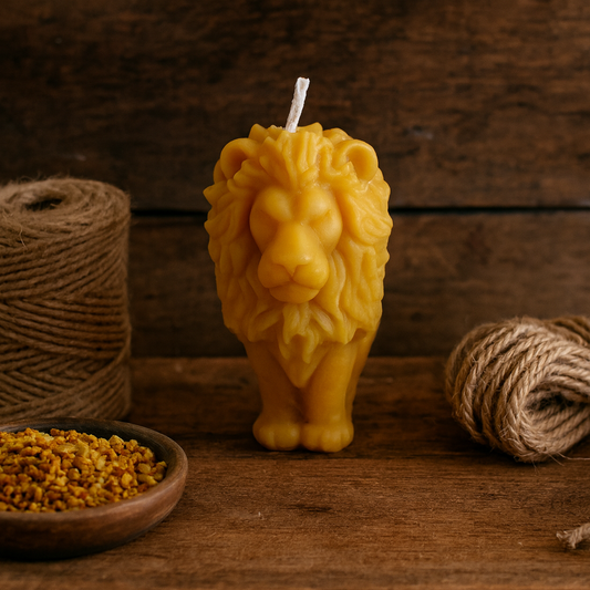 Handcrafted lion-shaped beeswax candle made from 100% pure beeswax