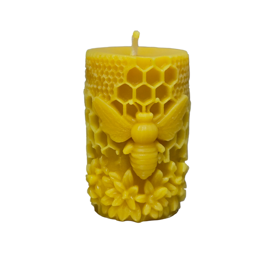 Handmade 8cm beeswax candle with honeycomb pattern and raised bee design made from natural beeswax