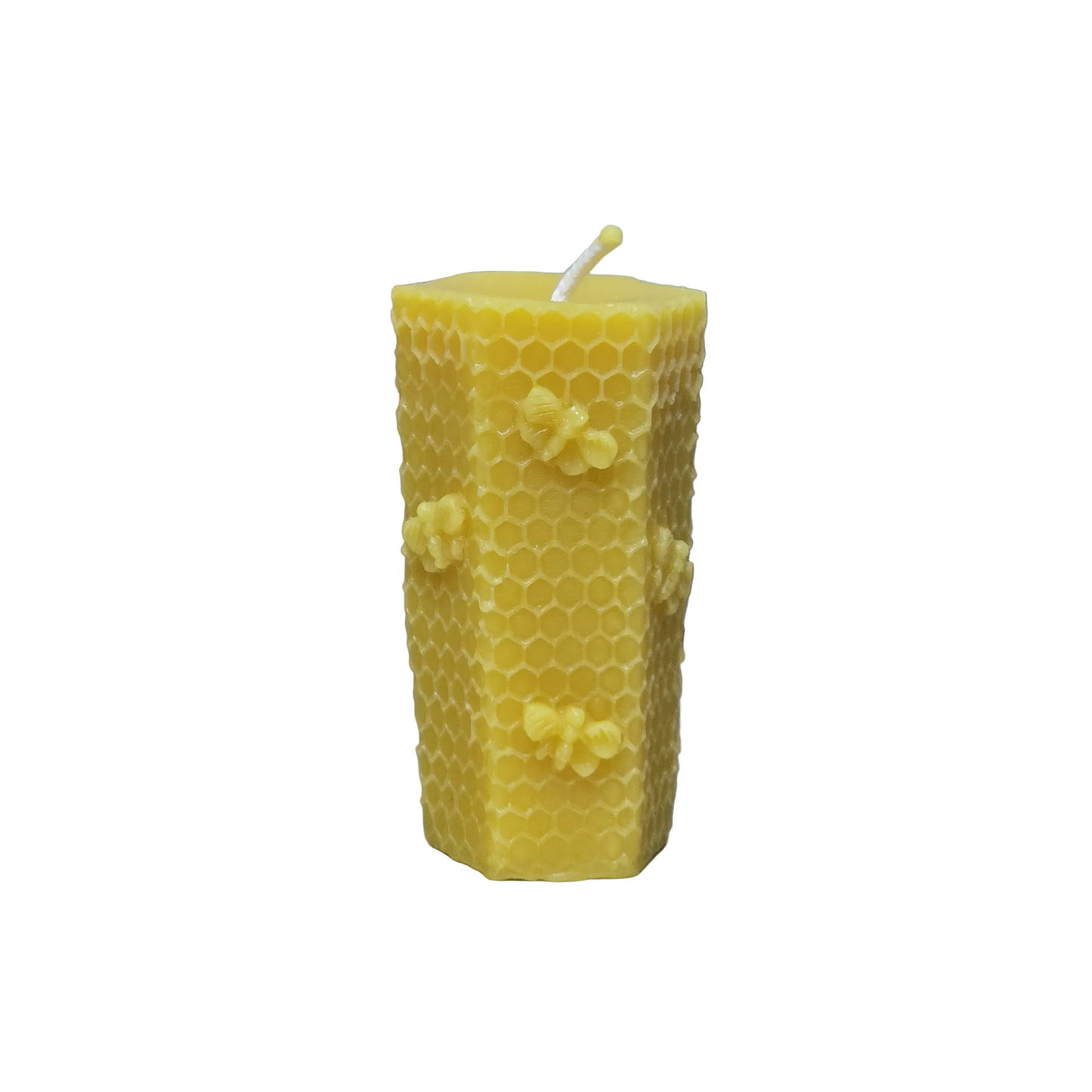 Handmade 8cm beeswax candle with honeycomb pattern and small raised bees made from natural beeswax